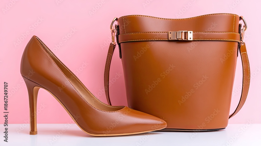 Obraz premium Brown leather high heel shoe and bucket style handbag displayed against a soft pink background