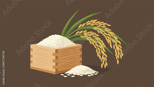 Illustration of Japanese white rice in a traditional wooden masu measuring box, with a ripe ear of rice plant next to it.