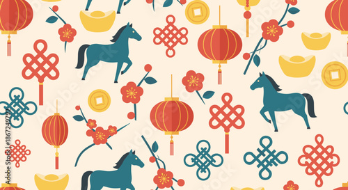 Vibrant seamless pattern featuring traditional Chinese New Year symbols like horses, lanterns, and lucky knots, perfect for festive designs.