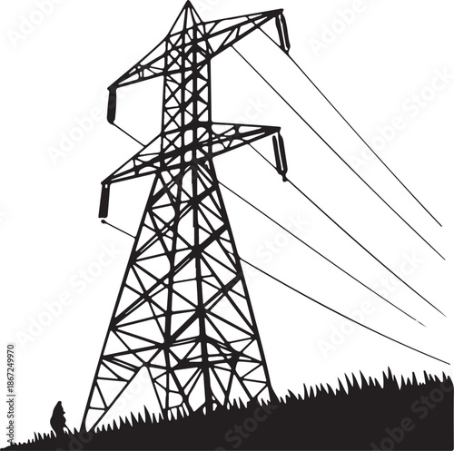 High Voltage Power Line Pylon Tower Silhouette Vector Illustration