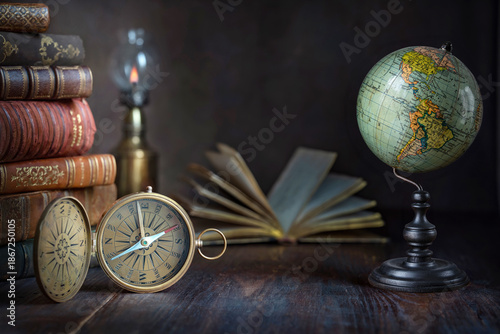 Old earth globe, compass, books and lamp on the table. In the cabinet of a tr...