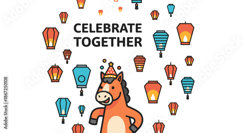 A festive horse character, adorned with a party hat, is surrounded by colorful floating lanterns, celebrating togetherness in a joyful illustration.