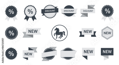 A comprehensive collection of flat design vector badges and ribbons, featuring discount, new, and percentage symbols, perfect for web and print media.