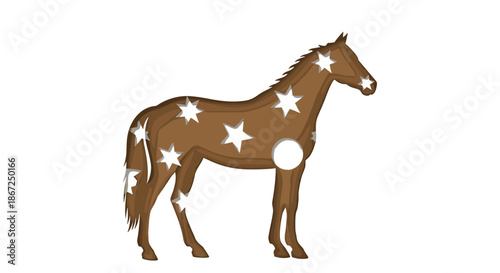 A majestic brown horse, adorned with white star-shaped markings, stands gracefully against a pristine white background, embodying strength and celestial beauty.