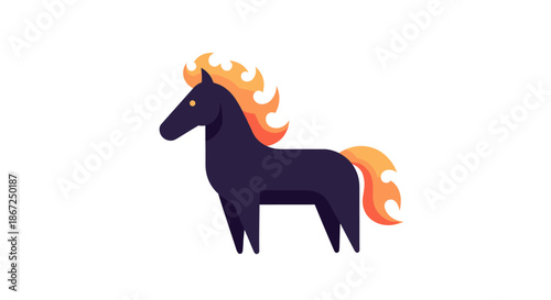 Stylized black horse with a vibrant, fiery mane and tail, standing majestically against a clean white background, embodying strength and mythical allure.