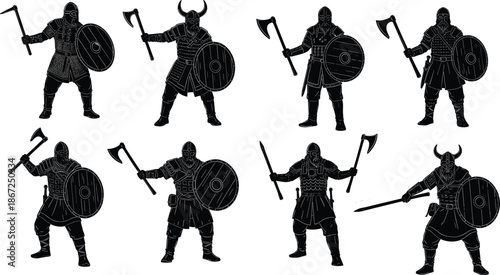 Viking, warriors, silhouettes, medieval, battle, axes, shields, norse, mythology, scandinavian, fighters, ancient, armor, weapons, fantasy, illustration, vector, black, white, set
