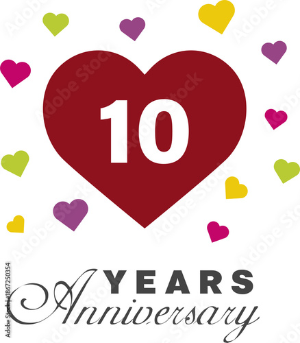 10th Anniversary Love Concept with Red Heart and Decorative Colorful Hearts