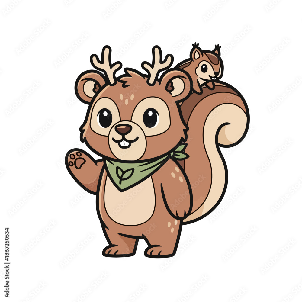 Fototapeta premium Cute cartoon squirrel with baby on back waving hello