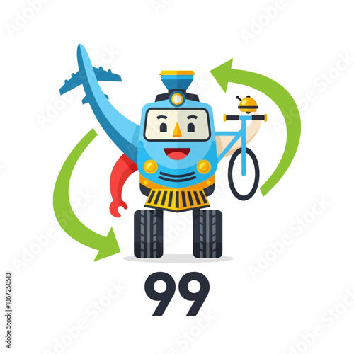 Cute robot transforming transportation modes with airplane bicycle train