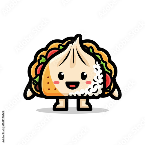 Cute taco character with smiling face and colorful fillings