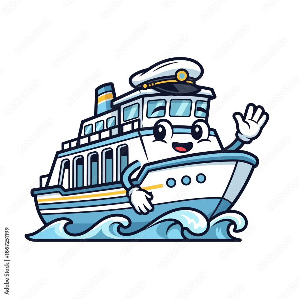 Naklejka premium Friendly cartoon boat waving hello on sunny waves