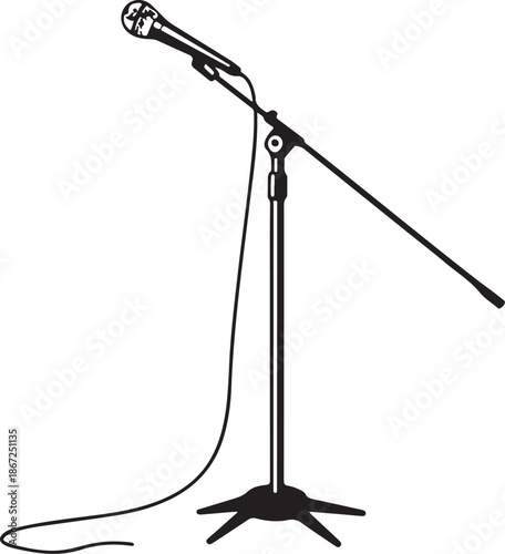 Professional Microphone on Boom Stand Line Art Illustration