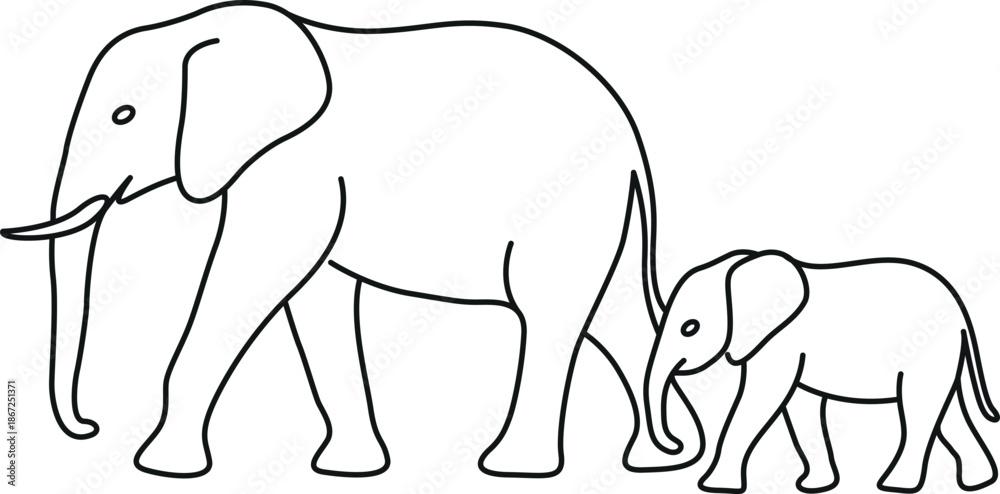 Fototapeta premium Simple outline drawing of an adult elephant and its calf
