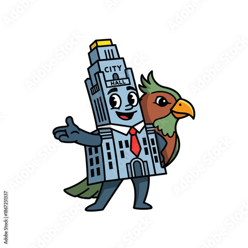 Cartoon building character with a bird companion walking together