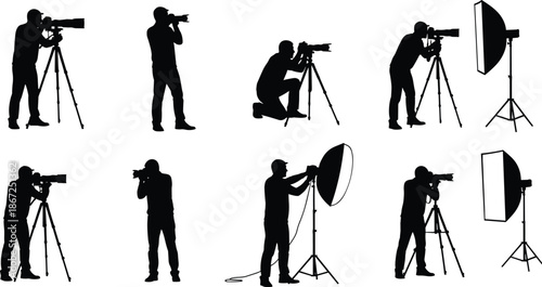 Photographer silhouette studio set, professional camera tripod lighting poses, creative photography workflow, photo shoot equipment, black vector illustration collection design