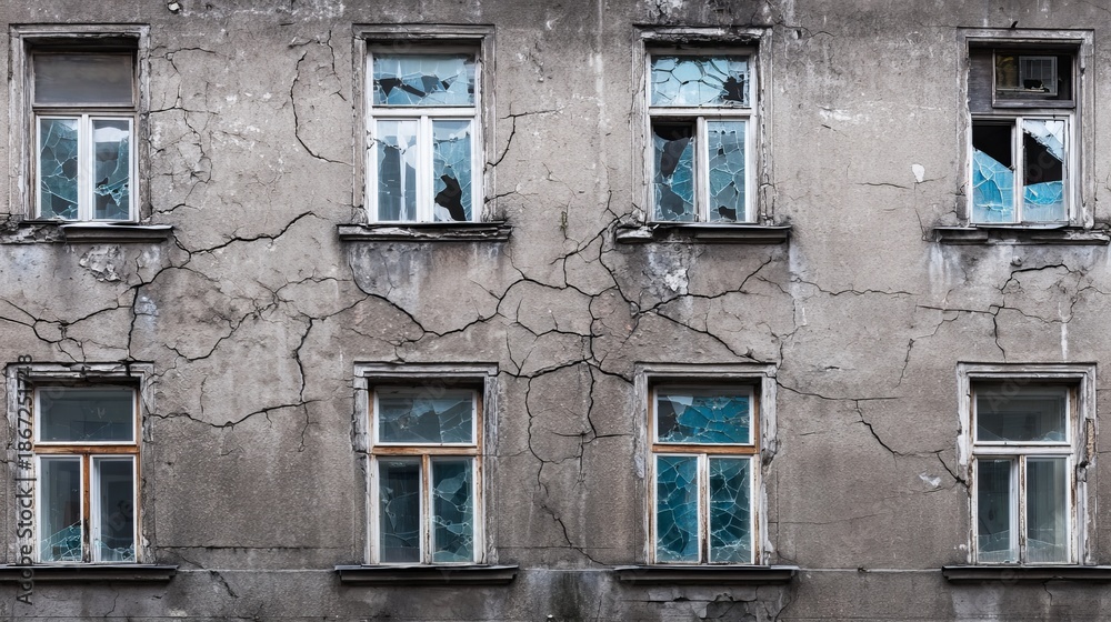 Fototapeta premium An abandoned building facade featuring cracked plaster, broken windows, and peeling paint, showcasing urban decay, architectural deterioration, and neglected structures in a desolate environment