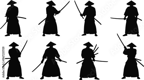 Samurai, warriors, silhouettes, katana, sword, martial, arts, feudal, Japan, battle, poses, ancient, fighter, black, white, vector, illustration, warrior, set, concept