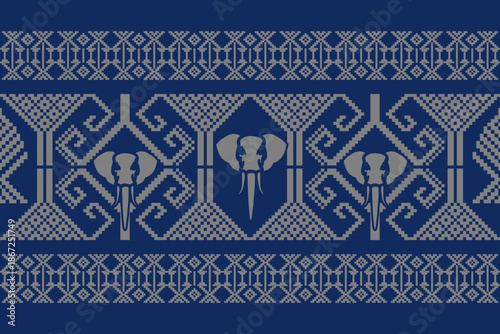 Seamless ethnic elephant pattern inspired by traditional Asian woven textiles, geometric ornamental borders in blue and gray tones, ideal for fabric, wallpaper, background, vector and illustration.