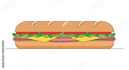 Delicious long submarine sandwich with ham, cheese, tomato, and lettuce, presented.