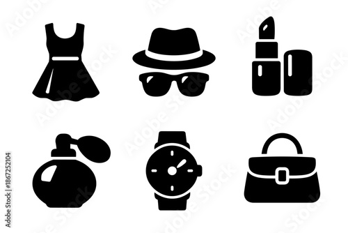 Fashion and personal accessories icon collection in black. Set of dress, hat glasses, lipstick, perfume, watch, handbag icons