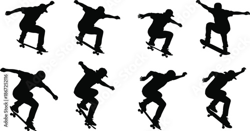 Skateboarder silhouette trick collection, urban street skating action poses, extreme sports movement, professional skater jumps, black vector illustration set