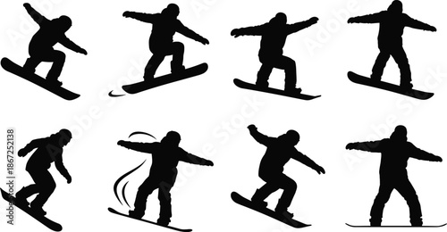 Snowboarder silhouettes performing freestyle jumps and tricks in multiple dynamic poses isolated on white background winter extreme sport concept