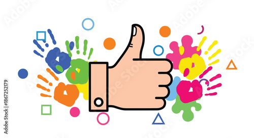 A colorful thumb up with handprints and geometric shapes in the background.
