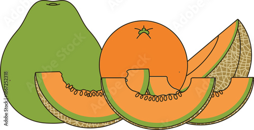 Fresh tropical fruits including whole papaya, an orange, and sliced cantaloupe melon.