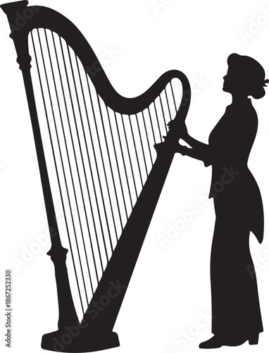Black silhouette of a woman playing a classical concert harp