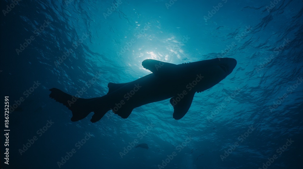 Fototapeta premium A nurse shark swims in the deep blue ocean of the Maldives, its dark silhouette contrasting bright sunlight filtering through the water above, depicting marine wildlife and ocean habitat