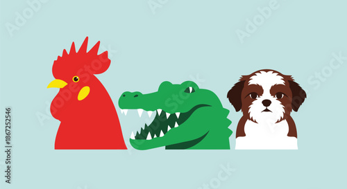 Rooster, alligator head, and small puppy face align side by side on light blue.