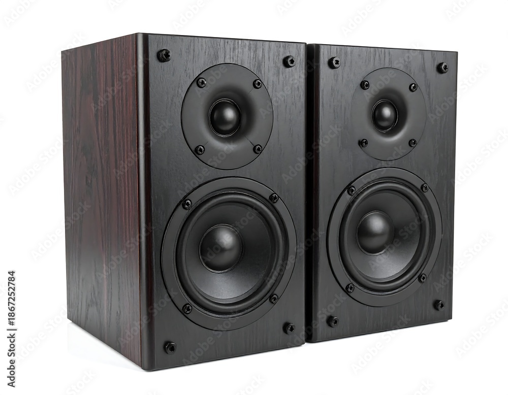 Fototapeta premium Pair of dark wooden speaker boxes with front-facing drivers and tweeters
