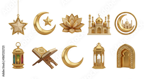 Golden Islamic Icons Collection: Mosque, Crescent Moon, Lantern, Quran, Star, Lotus