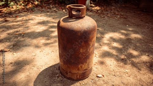 A rusty old gas cylinder on dirt ground with weathered metal surface, showing corrosion and industrial decay in an abandoned outdoor setting, for vintage industry and hazard concepts