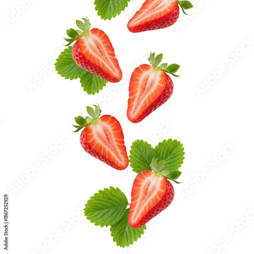 Fresh Strawberries Falling with Green Leaves, Isolated on White Background