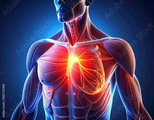 Anatomical human torso with muscular detail, highlighted in red/yellow against a blue backdrop for emphasis