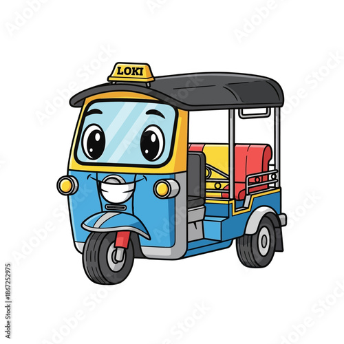 Cute cartoon tuk tuk taxi with big eyes and friendly face