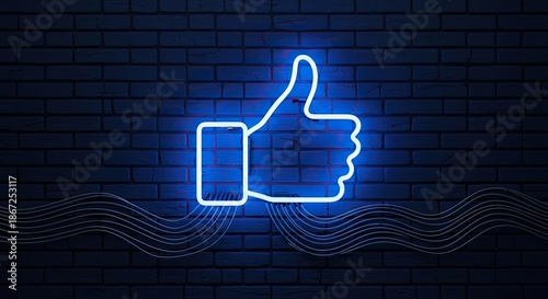 Illuminating Approval: A luminous neon sign of a thumbs-up against a dark, textured wall, representing digital endorsement, support, and the positive energy. 