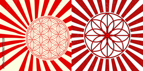 Sunburst groovy background in colors, circus marquee pattern, vintage carnaval, red color rays on beige. Abstract marquee strip beam for poster, flyer, summer holidays, vector illustration.