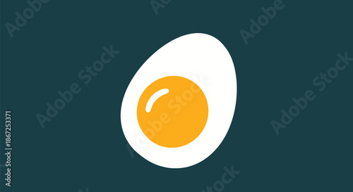 A stylized illustration of a halved hard-boiled egg rests against a dark teal.