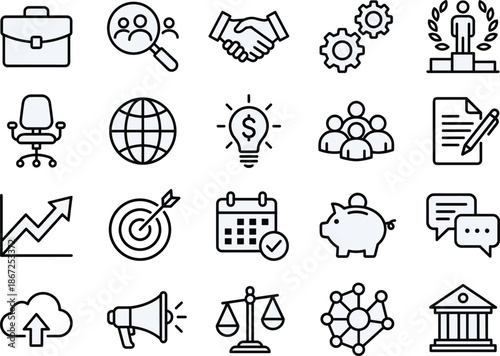 Business and communication icon collection with finance, leadership, teamwork, global strategy, planning, marketing, innovation, vector illustration