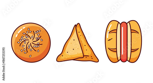 A round sesame bun, a triangular samosa, and a hot dog are displayed in a row.