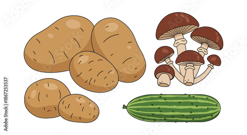 Potatoes, mushrooms, and a cucumber are illustrated as fresh produce items.