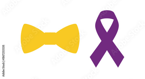 Yellow bowtie accessory is positioned beside a purple awareness ribbon symbol.
