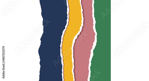 Vertical strips of torn paper in dark blue, yellow, pink, and green descend the.