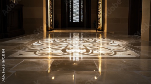 Luxurious marble foyer with intricate inlay design.
