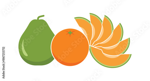 Assorted tropical and citrus fruits including guava, orange, and sliced cantaloupe.