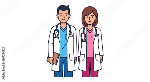 Two medical professionals wearing white lab coats and stethoscopes stand ready for.