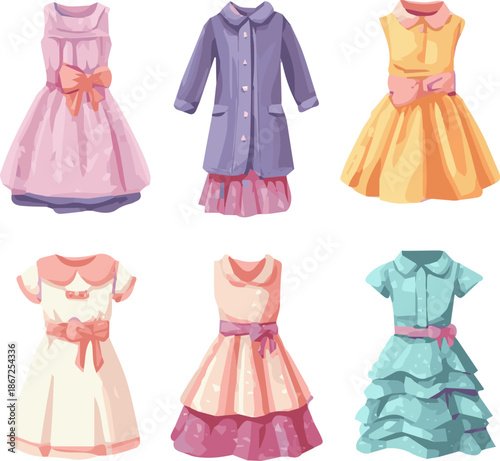 Create a kinds of deferent modern kids dress vector art with white background.