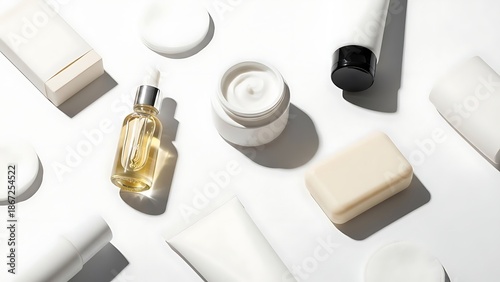 Minimal flat lay of cosmetic skincare products including creams, bottles, and soap bars, representing beauty care, personal hygiene, wellness, and modern clean aesthetic